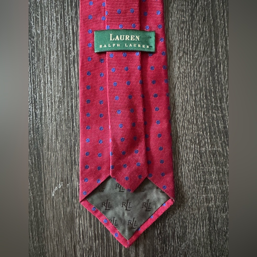 Lauren Ralph Lauren Blue & Red Polka Dot Linen Silk Blend Tie - Picture 5 of 8
